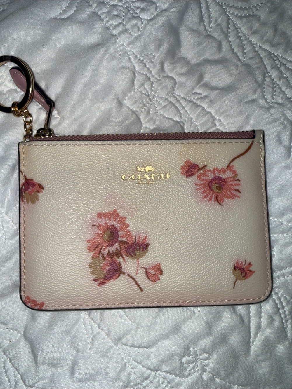 Coach Cream Floral Zip Card Pouch with Pink Flowers